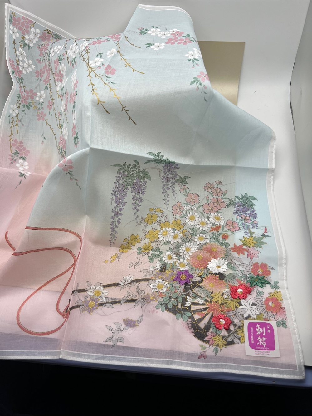 Scarf/Handkerchief Japan Festival Float Embroidered Cotton Pink/Light Blue NWT